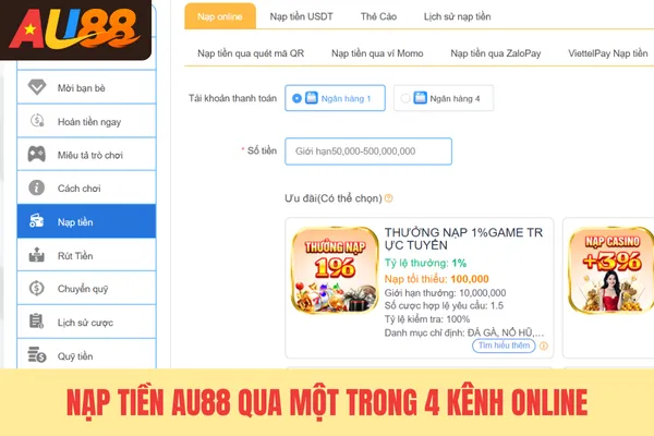 Nạp tiền Au88 qua một trong 4 kênh online